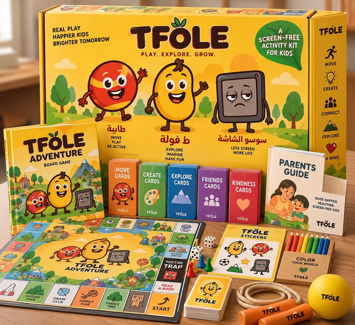 The Tfole Adventure activity kit, board game, card decks and parents guide